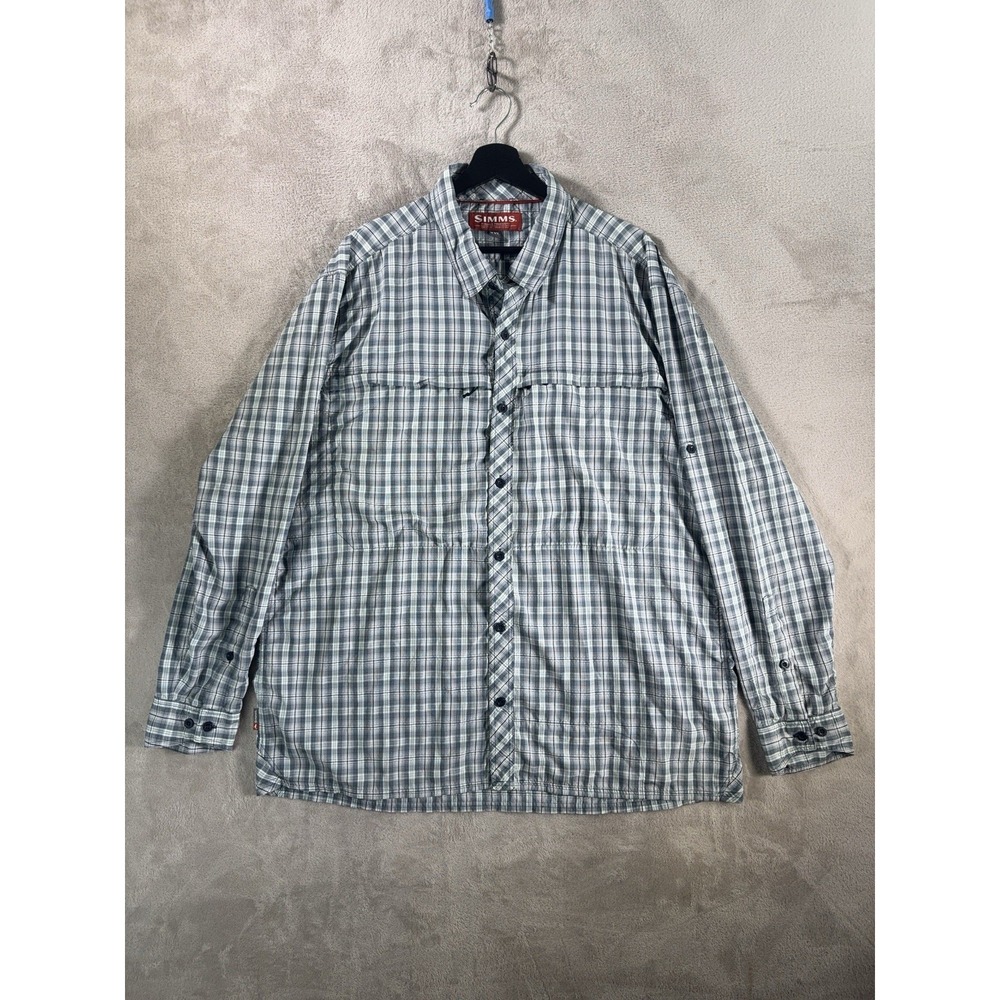 Simms Fishing Shirt Mens XXL White Gray Plaid Lightweight Long Sleeve